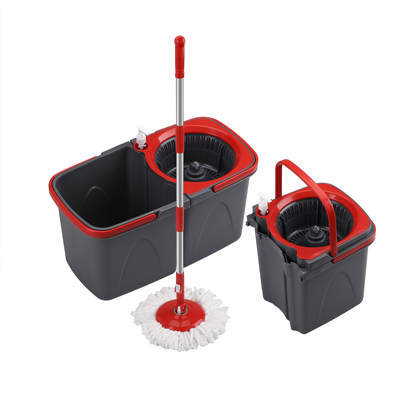 PIA PRODUCTS<sup>&reg;</sup> Double Bucket Spin Mop Set - 360 degree swiveling mop head makes it easy to reach under furniture. Long handle extends to 44” to clean windows and ceiling fans. Includes: 2 Buckets, 1 Mop, 2 Mophead refills.